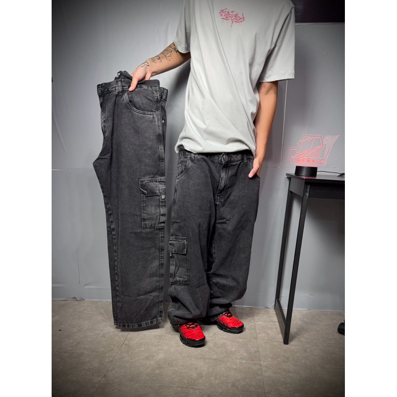 Calça Jeans Cargo Baggy Preto-Marmorizado Estonado Dazzling Streetwear Diferenciado