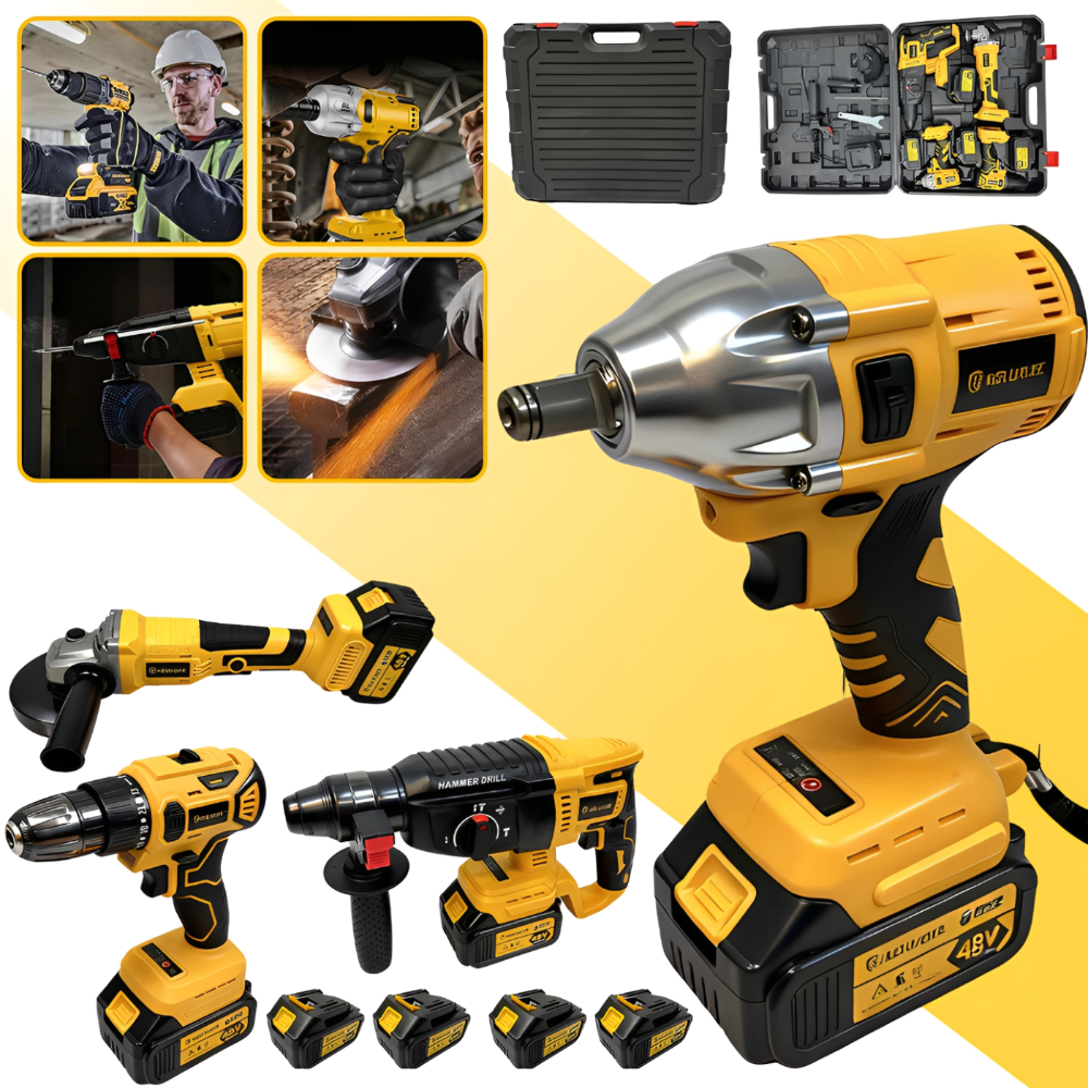 Kit Ferramentas 4 em 1 48V Profissional: Furadeira, Parafusadeira, Impacto, Esmerilhadeira