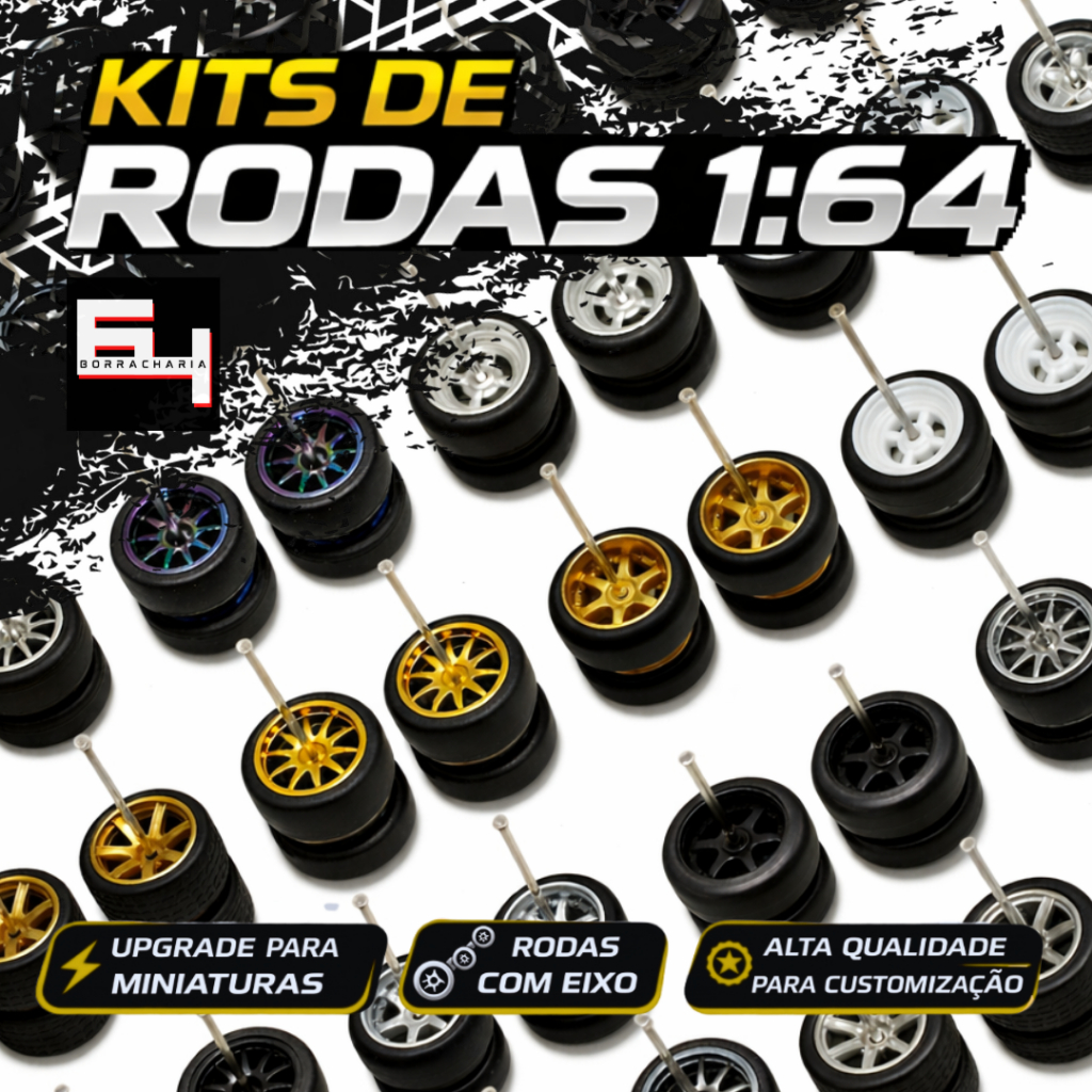 Kit Rodas 1:64 Custom Hot Wheels Matchbox JDM Racing Tuning Diecast Miniatura Com Eixo Fixo Várias Cores e Modelos