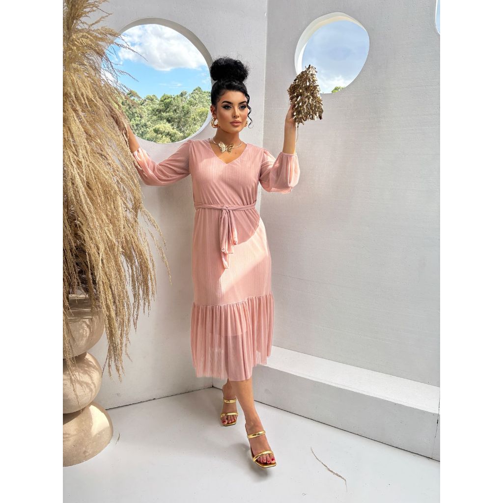 vestido midi de tule lurex feminina decote V poa Evangelica manga 3/4 bufante — imagem 2 de 2