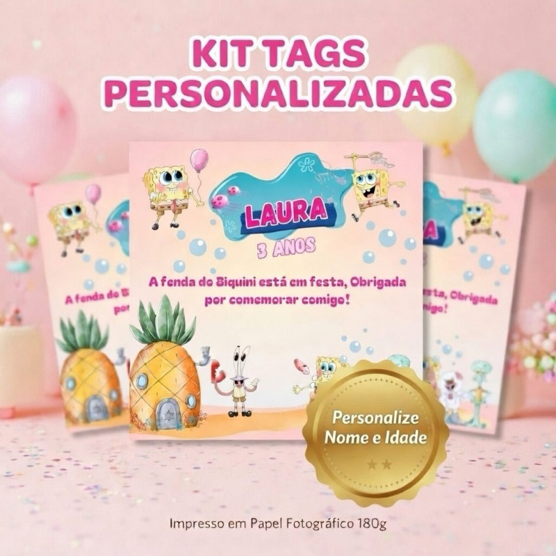 Tags Kit 10 Tags Personalizadas Bob Esponja | Tag Lembrancinha Aniversário Infantil | Nome e Idade Personalizados