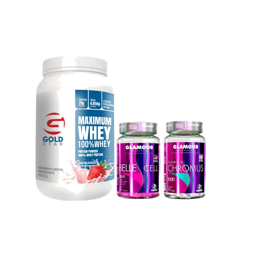 100% Max whey protein 900g + Glamour Femmini Belle Cell 60caps + Picolinato de Cromo 90caps