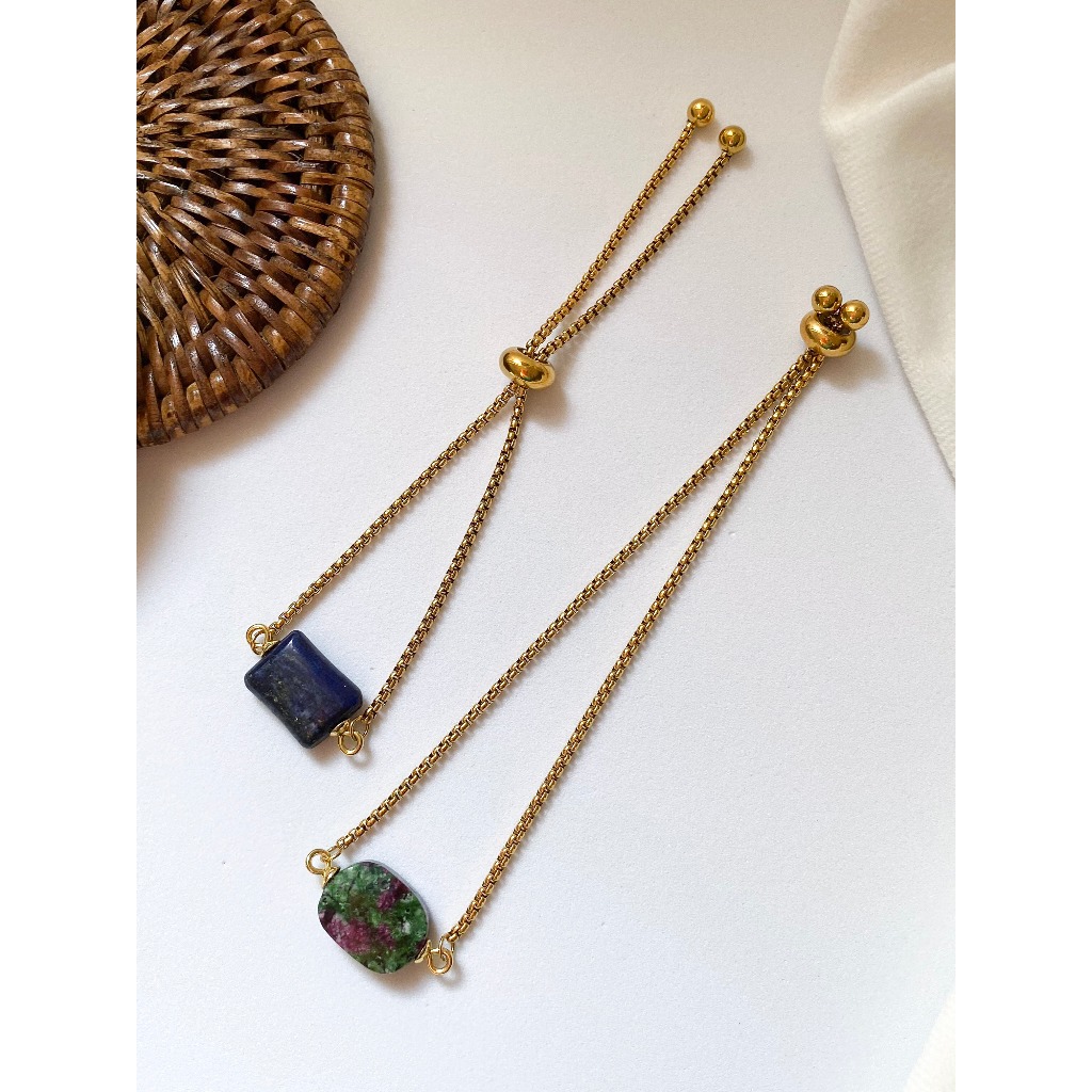 Pulseira Feminina com Pedra Natural Lapidada Ajustável Lápis Lazúli e Rubi