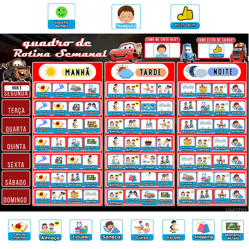 Quadro Infantil Com Rotina Semanal, Tarefas E Incentivo ao Bom Comportamento No Tema Carros