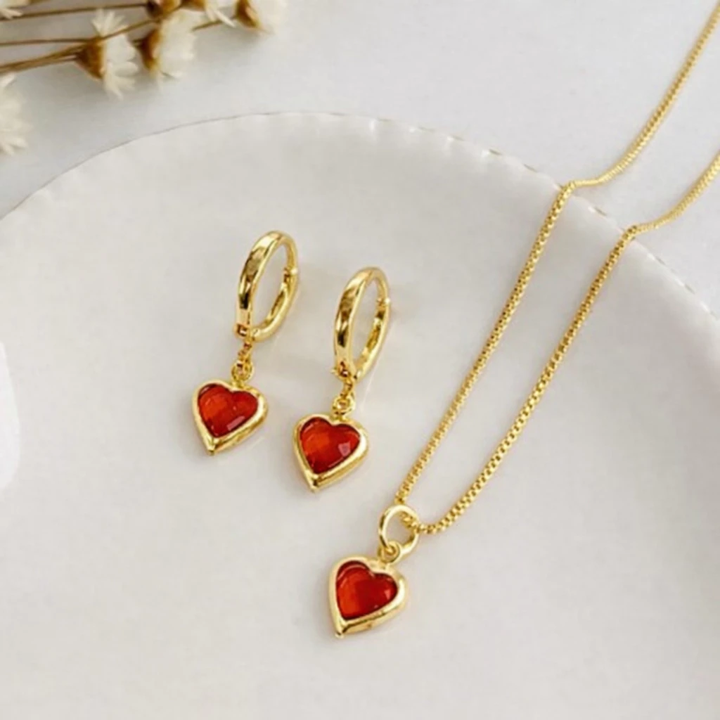 Conjunto Coração Zircônia Vermelho Ouro 18k Banhado Ponto de Luz — imagem 1