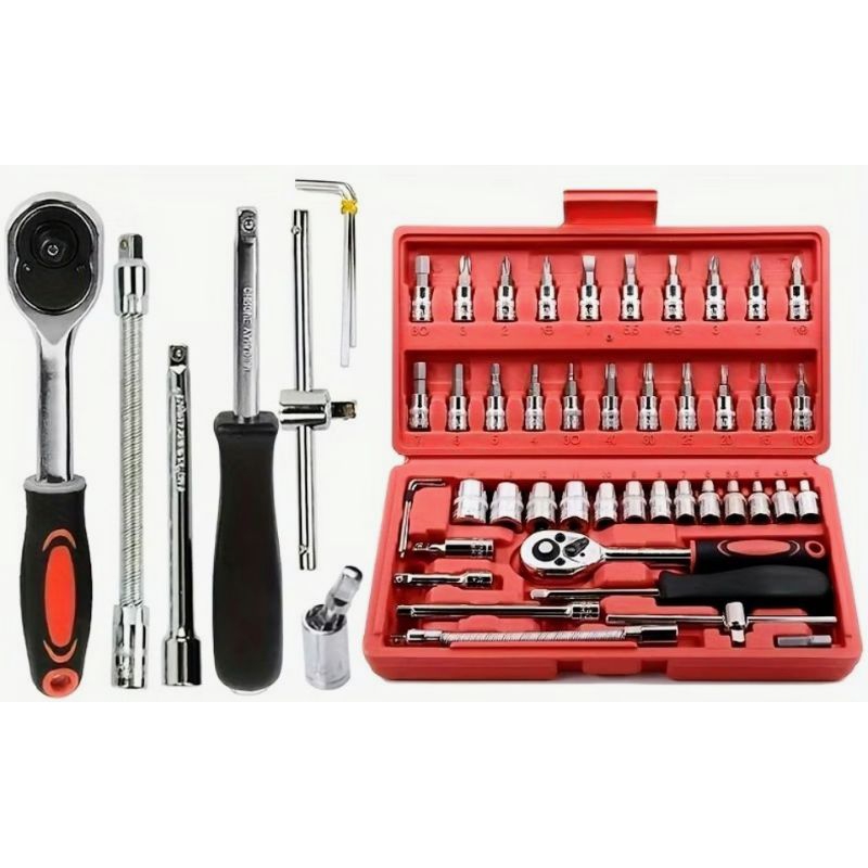 Kit De Ferramentas 46 Peças Jogo De Soquetes Chave Catraca Reversível Com Maleta Jogo De Ferramentas Completo