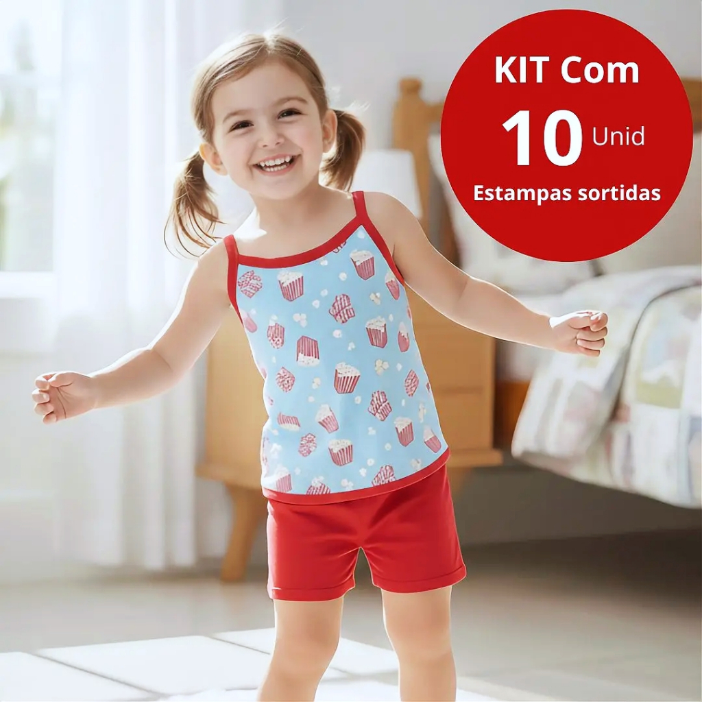 Kit 10 Pijama Infantil Feminino Verão Conjunto Short e Alcinha Malha Confortável Tamanhos 2 4 6 8 10
