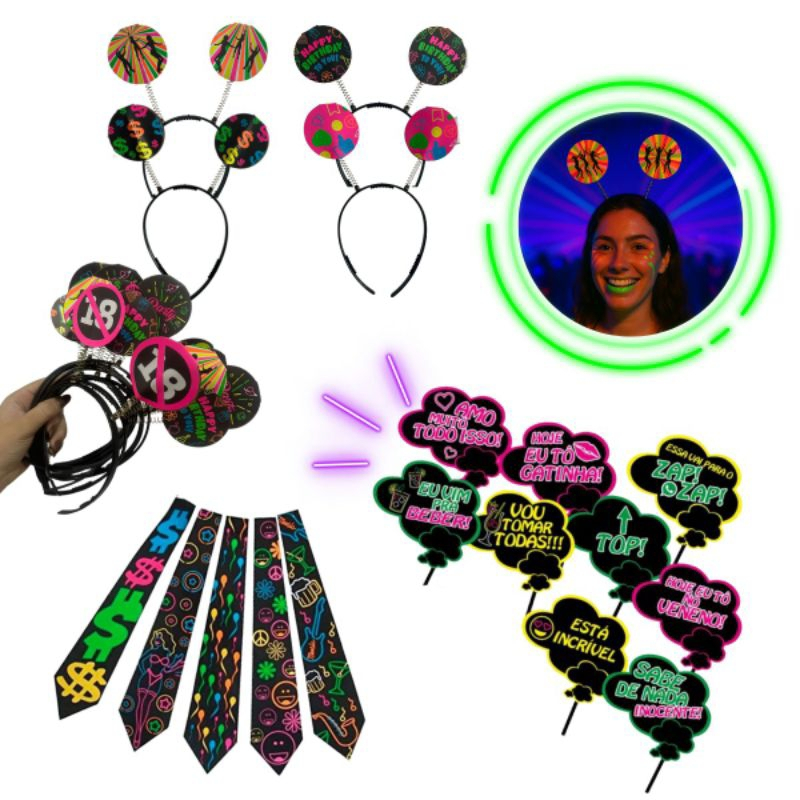 Kit Balada 30 pçs Gravata Plaquinha Tiara Festa Neon Balada Casamento Top Divertido Brilha