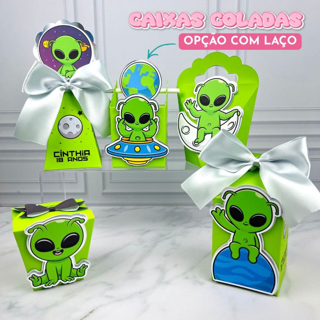 Kit Caixas Lembrancinhas Alienígena – Caixinhas Personalizadas Festa Alienígena com Nome e Idade | Aniversário