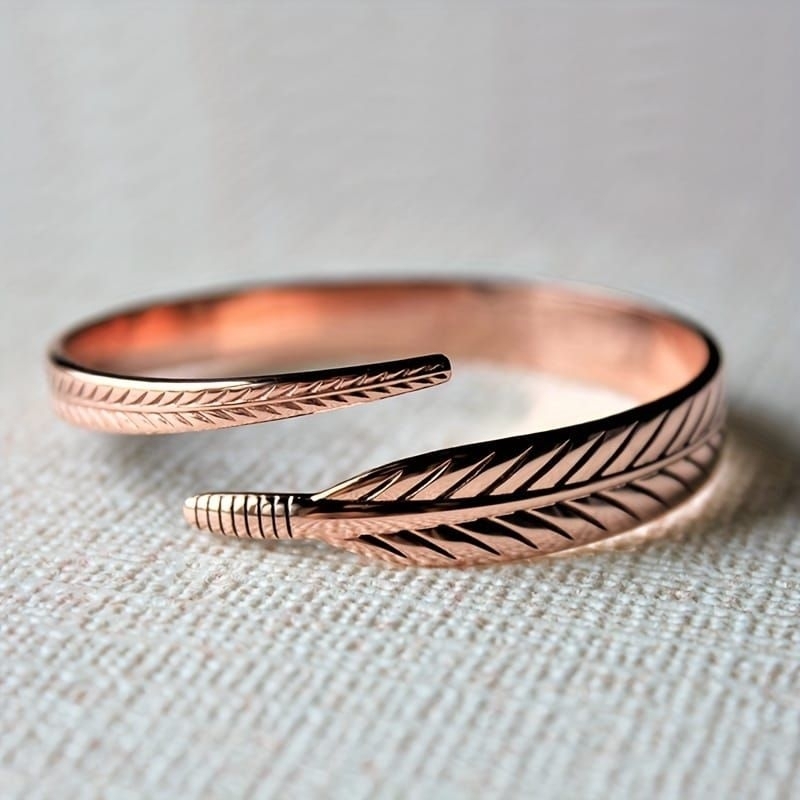 Pulseira Feminina De Cobre Puro Bracelete Ajustável Modelo Luxo Saúde Pena