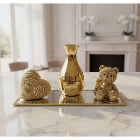 Kit Decoração Luxo Dourado Bandeja Espelhada + Vaso + Urso + Coração Strass