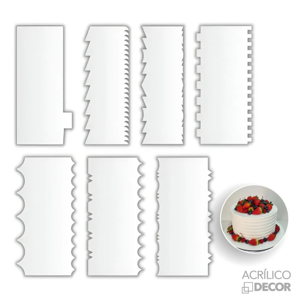 Kit Espátulas de Bolo em Acrílico 7 UN | Alisadora Em Acrilico - Confeitaria, Decoração, Texturas