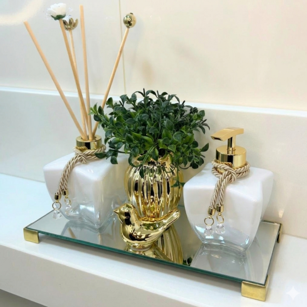 Combo Luxo Decoração Elegante Kit Lavabo Banheiro Difusor + Bandeja Espelhada + Vaso e Enfeite Decorativo + Varetas K291