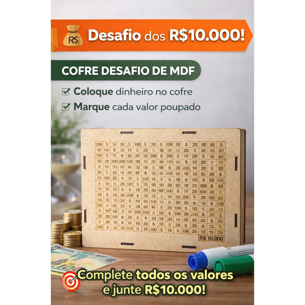 Cofre Desafio 20mil/10mil/5mil/1mil - Caixa Dinheiro De Madeira - Método Japonês - Escolha seu Objetivo!