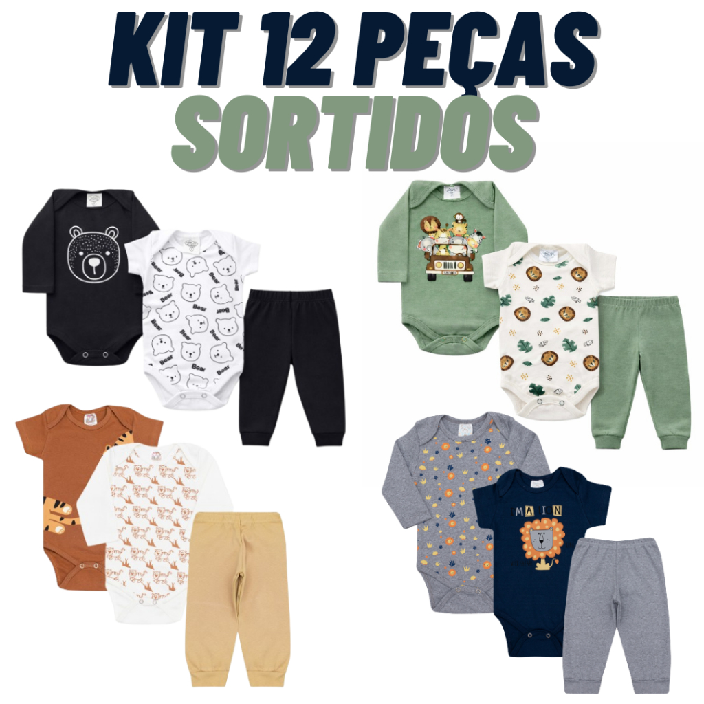 Kit Roupa De Bebê 12 Peças Body Manga Longa E Mijão Algodão Menino ou Menina