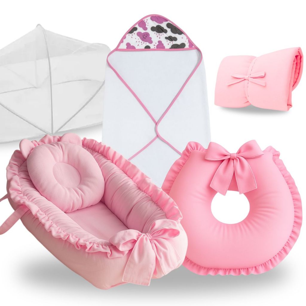 Ninho Redutor de Berço Para Bebe Almofada Amamentação Toalha Banho Trocador Mosquiteiro Kit Rosa em Oferta na Shopee