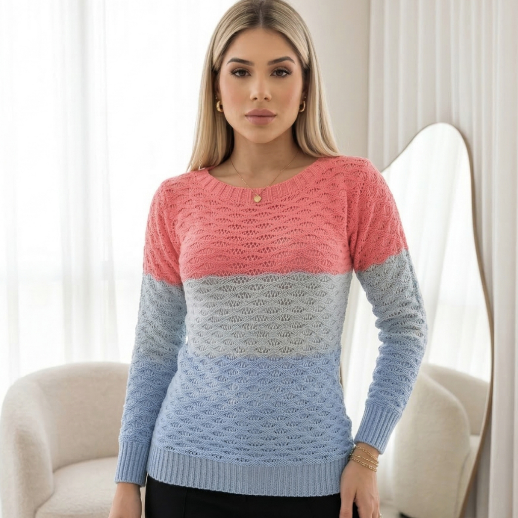Blusa De Frio Feminina Manga Longa Tricot Relevo Tricolor Inverno Casual Básica