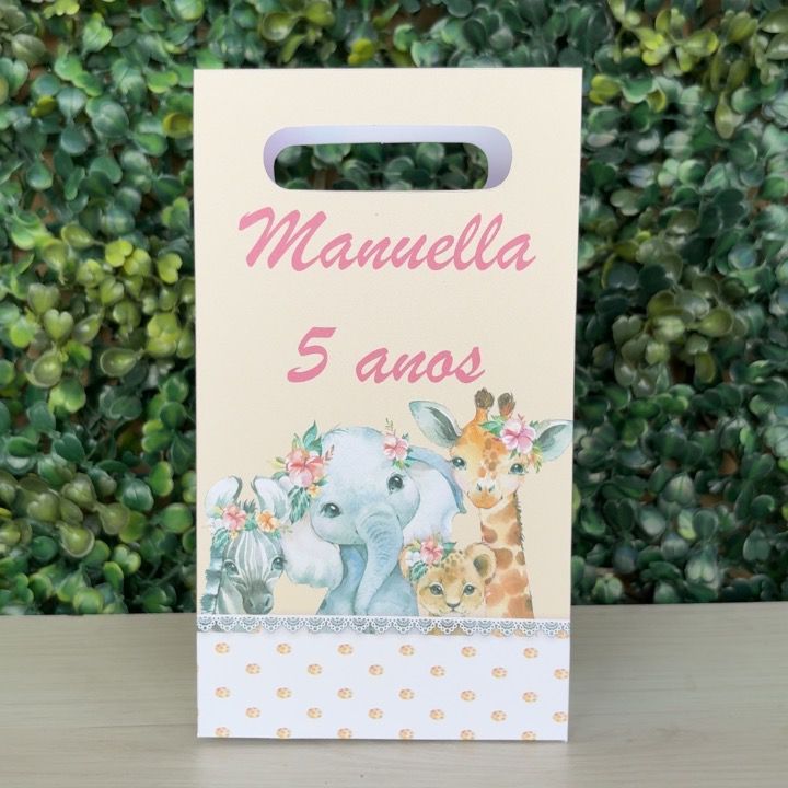 Sacolinha Personalizada Safari Menina - Sacolinhas Pegue e Monte Safari Aquarela - Lembrancinha de aniversário