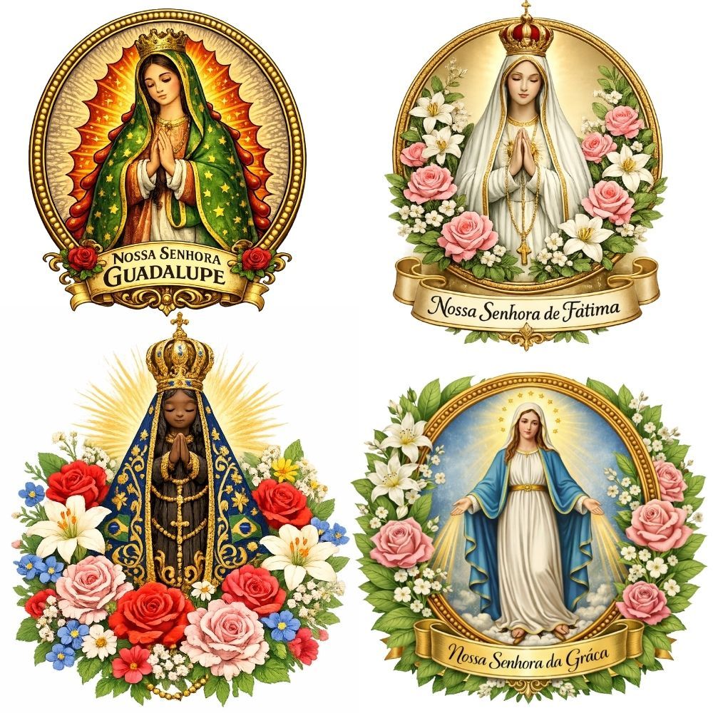 Transfer DTF Termocolante Nossa Senhora Aparecida Fátima Graça Guadalupe Aplique Tecido Ferro Passar Religiosa