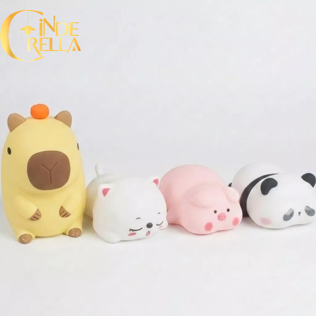 Luminária LED Silicone Animal Capivara Porco Panda Gato RGB 7 Cores Touch USB Infantil Abajur