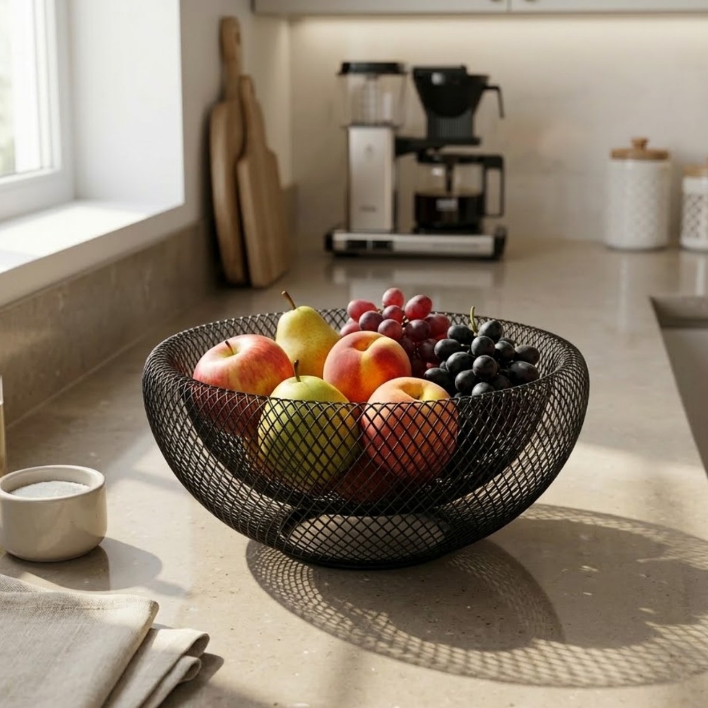 Fruteira de Arame Duplo Preta ou Dourada 30cm Cesta Para Frutas Organizador De Mesa Cozinha em Oferta na Shopee