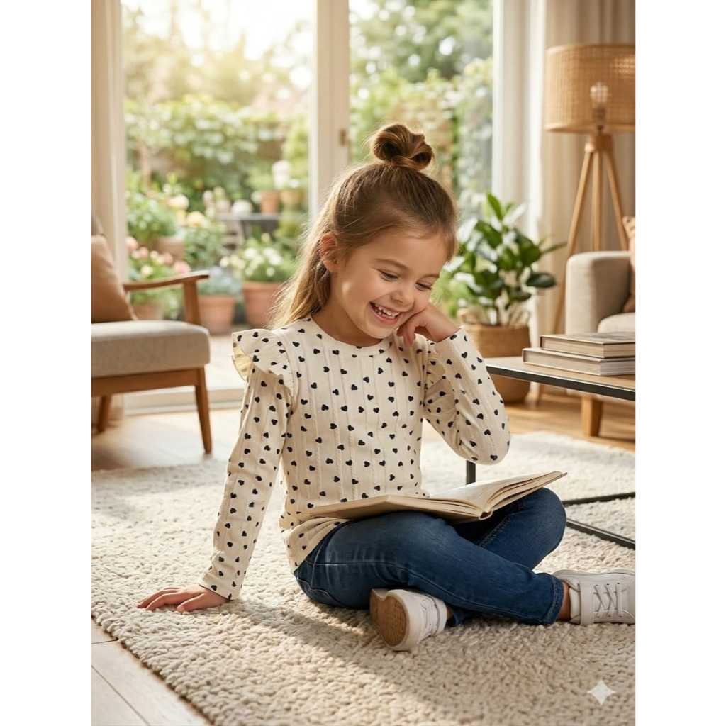 Blusa Feminina Infantil Coração Com Ombro Franzido e Manga Longa Ribana Confortavel Premium