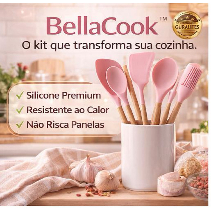 Kit 8 Utensílios de Cozinha Silicone Antiaderente Resistente ao Calor Espátulas Colher Rosa