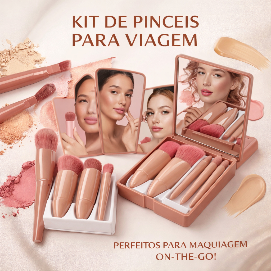 Kit de Pincéis Portátil 5 Pincéis de Maquiagem Com Espelho Estojo Compacto Viagem Bolsa Contorno