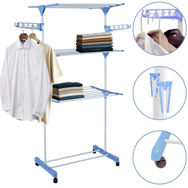 Varal de Chão 3 Andares Reforçado Com Rodinhas Dobravel Portatil Para Roupas e Calcinhas Organizador