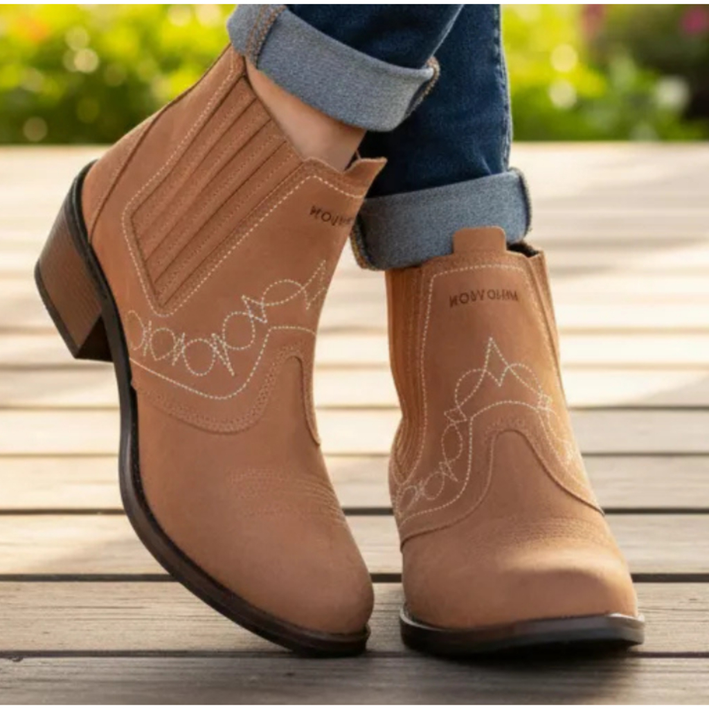 Bota Feminina Mulher Botina Couro Nobuck Marrom Claro Rato Bege Botina Solado Costurado Macia 3636