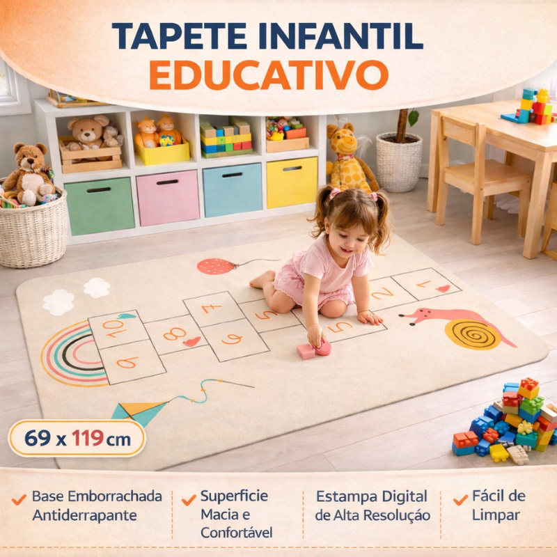 Tapete Infantil Educativo Antiderrapante 69x119cm Emborrachado Lavável Poliéster Quarto Bebê Criança Várias Estampas