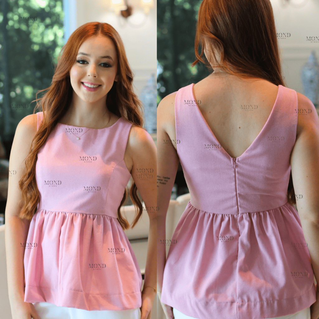 Blusa Linho Bata Regata Feminina com Babado Peplum com Zíper