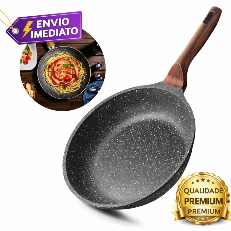 Frigideira 28 CM Frita Sem Óleo Antiaderente Não Gruda - Frita Sem Óleo Cabo De Madeira Durabilidade