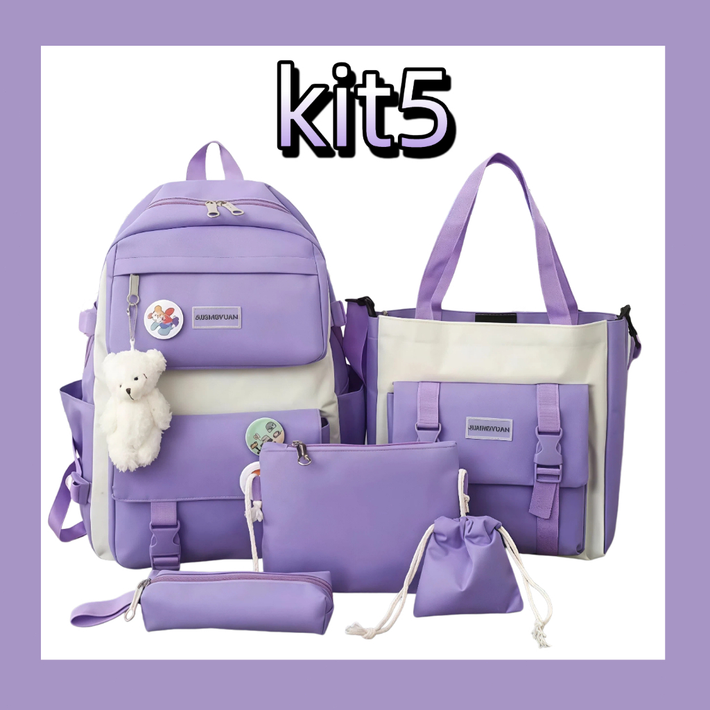 Conjunto Mochila Escolar Feminina Kit 5 Peças com Bolsa Tote, Necessaire, Estojo e Saco de Cordão - Resistente à Água