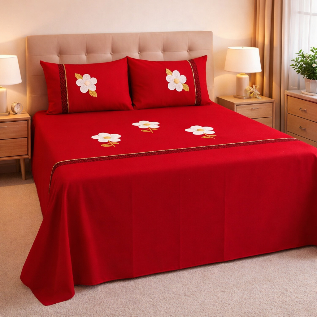 Jogo Casal  Bordado com Fronhas em Oxford Jogo de Lençol Bordado Colcha sem Babado Cama Box