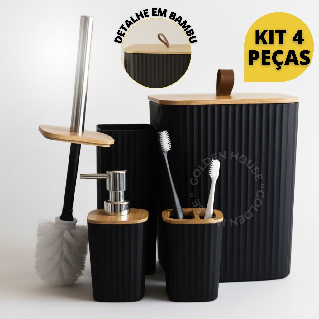 Kit Banheiro Luxo Quadrado – Lixeira C/Tampa Detalhes em Bambu e Puxador de Couro