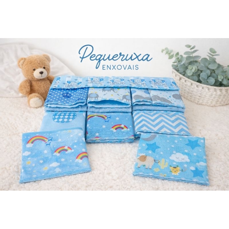 kit com 10 Fraldinha de boca e ombro para bebe felpuda estampa azul diversas