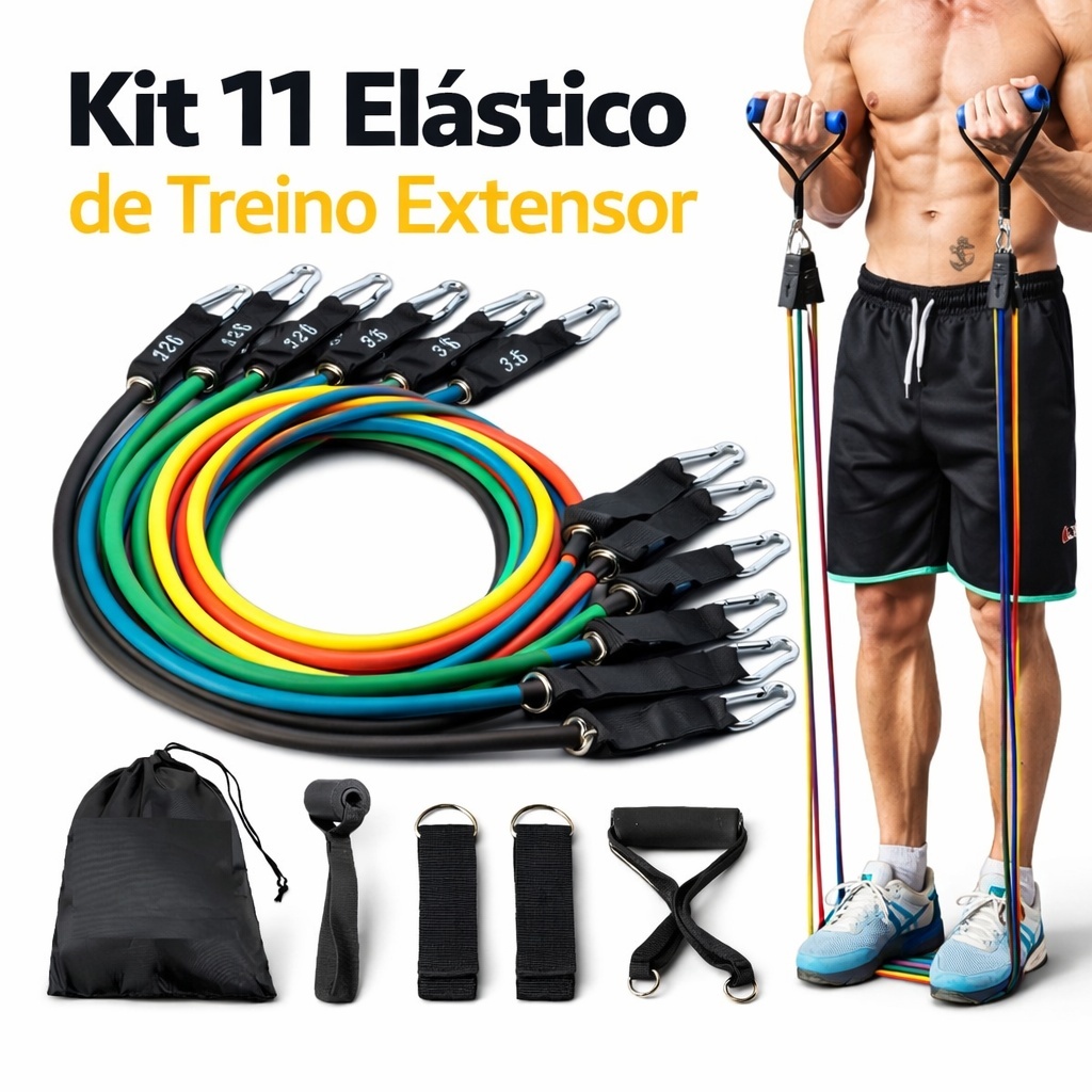 Kit 11 Elásticos de Resistência Treino Academia Pilates Extensor Exercício Casa Fitness