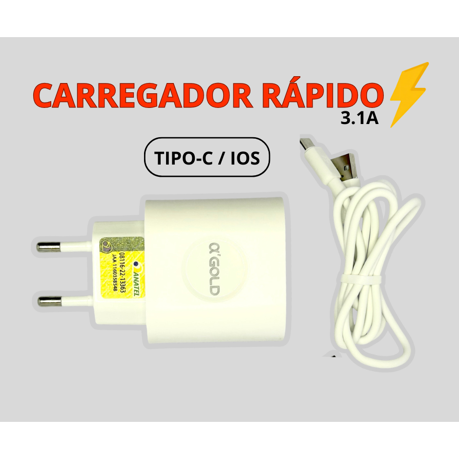 Carregador de Celular Smartphones Carregamento Rápido Carregador Tipo C e IOS