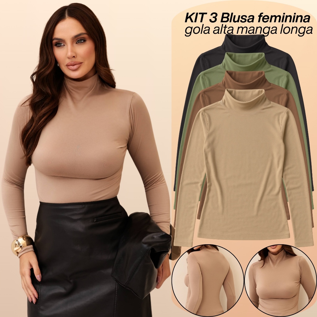 KIT 3 Blusas Feminina Cacharrel Gola Alta Manga Longa Segunda Pele Básica Para Inverno Frio