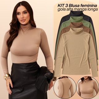KIT 3 Blusas Feminina Cacharrel Gola Alta Manga Longa Segunda Pele Básica Para Inverno Frio em Oferta na Shopee