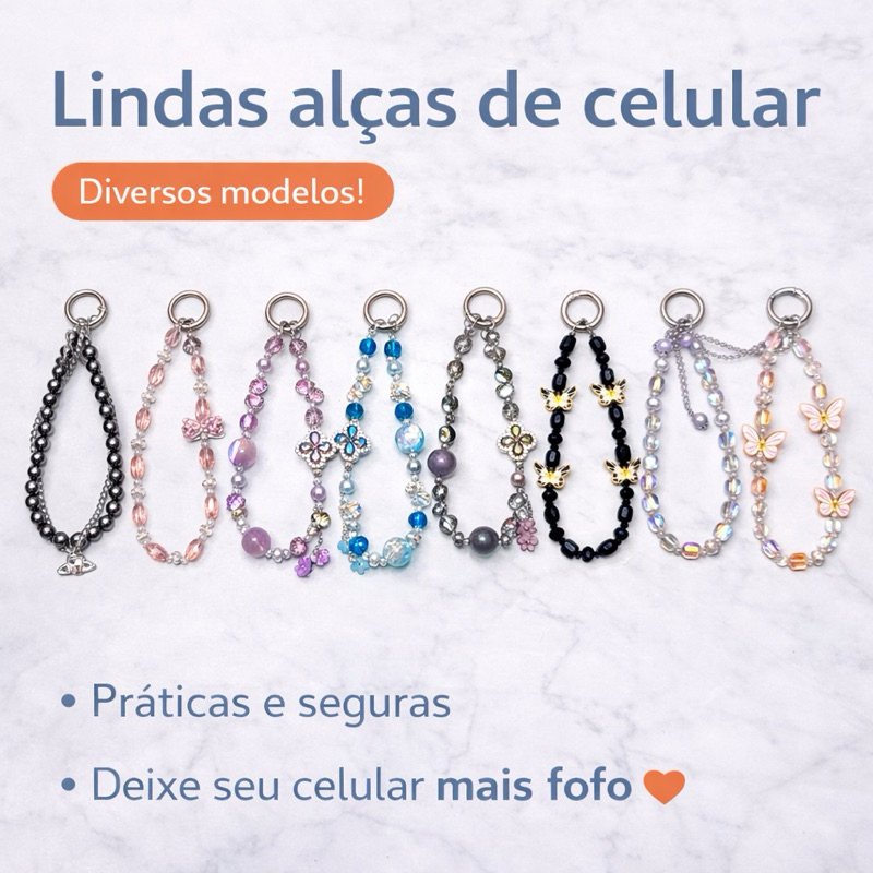 Alça de Celular Pulseira com Miçangas e Borboletas | Strap de Mão para Celular | Cordão Anti Queda Feminino