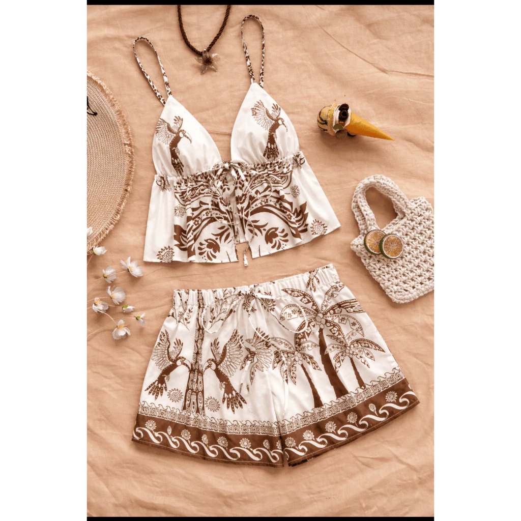 Conjunto Feminino Bela Estampado Blusa Top Amarração + Short Soltinho Casual Moda Tendência Versátil — imagem 1