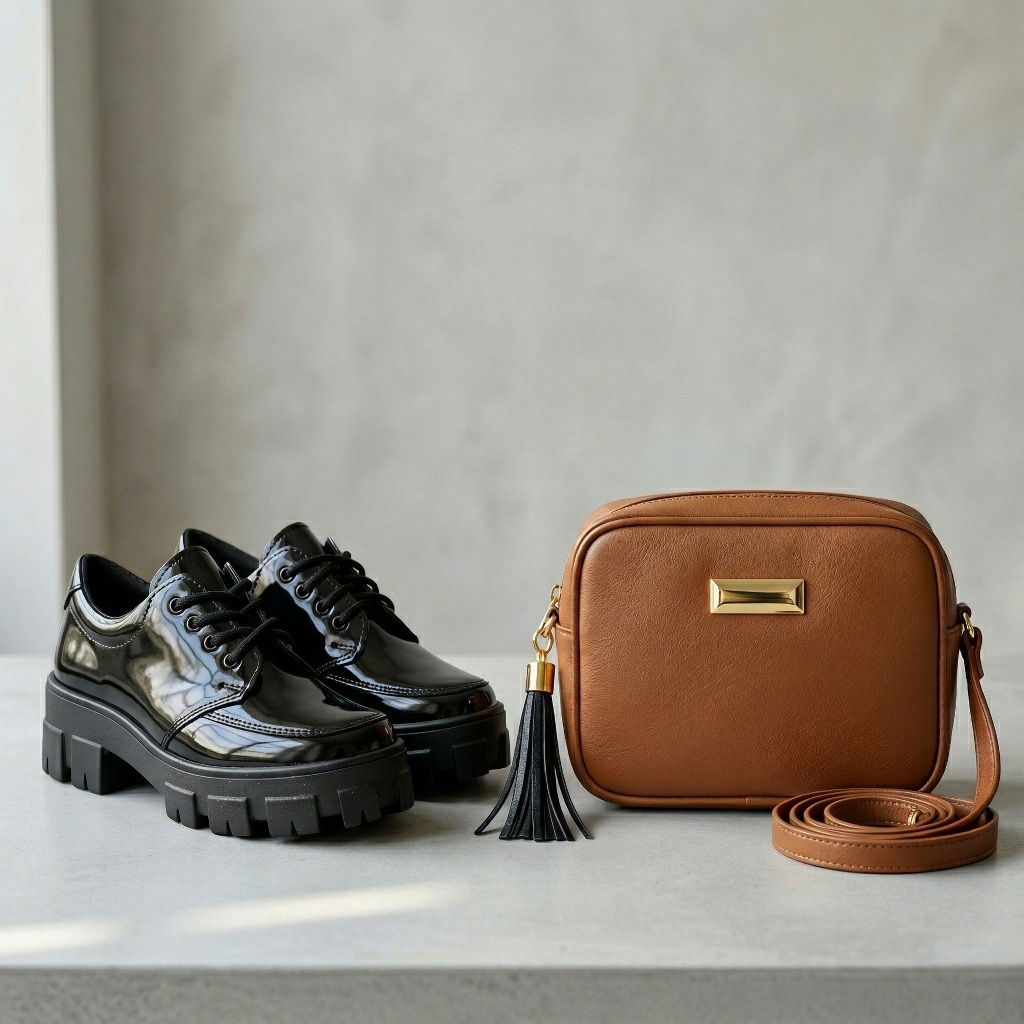 Mocassim Feminino Tratorado Preto Invernizado + Bolsa Transversal Caramelo Kit Feminino Moda Casual Elegante Confortável