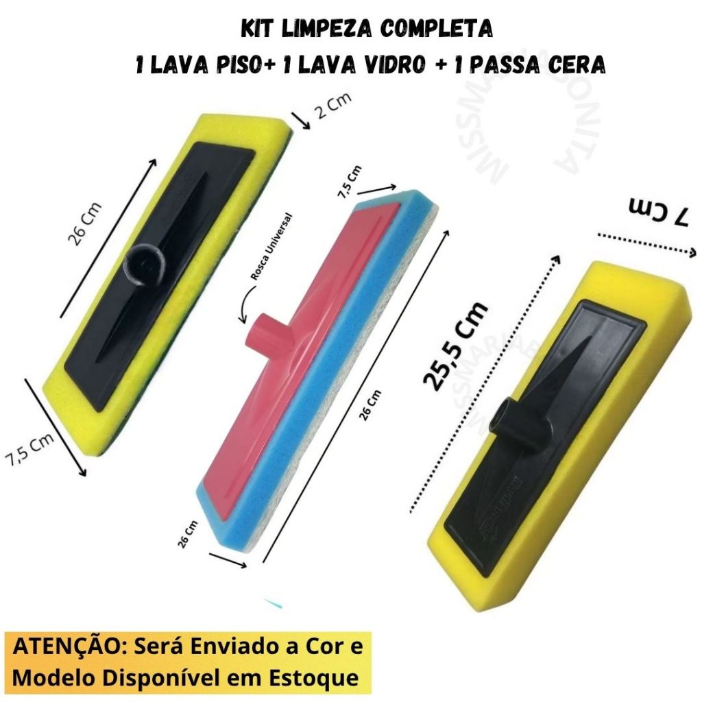 Kit 1 Lava Pisos + 1 Lava Vidro + 1 Passa Cera Limpeza Completa Chão Porcelanatos Azulejos Box Banheiros- MMB