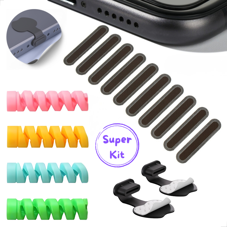 Kit Proteção Celular Contra Poeira Com Microtela Adesiva + Plug proteção Conector + Protetor de Cabos