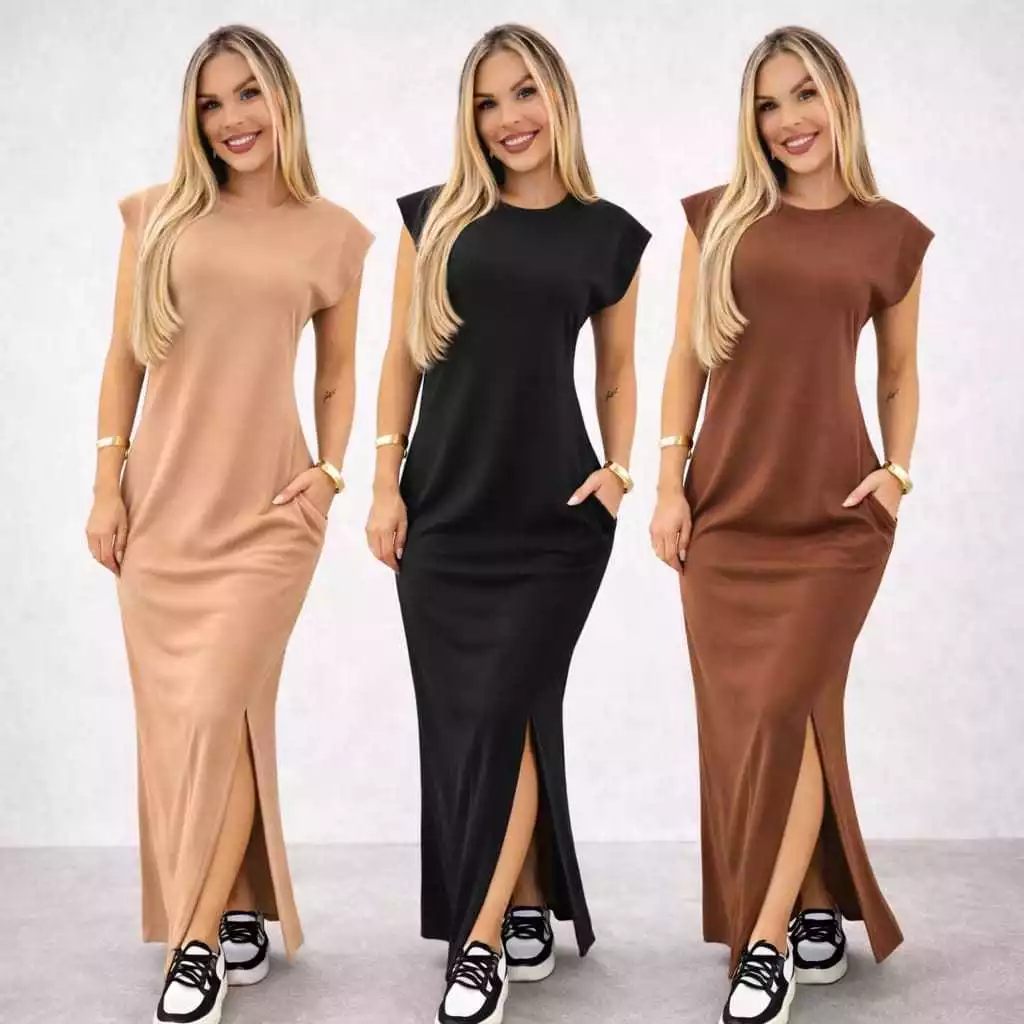 Vestido Feminino longo casual basico RIBANA canelada manga muscle moda gringa com fenda lateral com bolsos — imagem 1