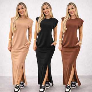 Vestido Feminino longo casual basico RIBANA canelada manga muscle moda gringa com fenda l…