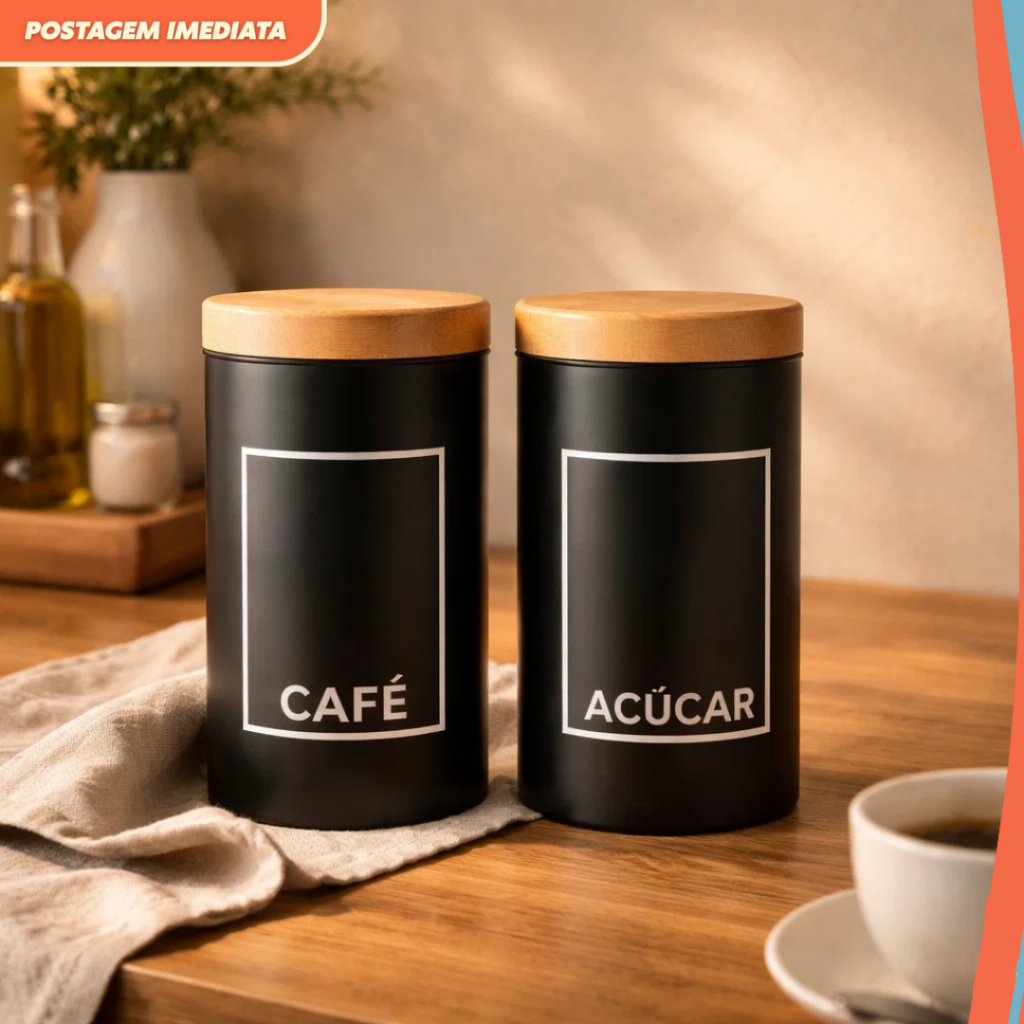 Potes Herméticos Café e Açúcar Preto com Tampa Bambu Porta Mantimentos Cozinha Premium