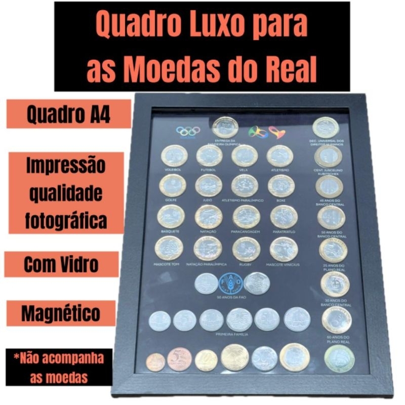 Quadro Expositor para moedas do real com ímã e vidro para encaixe da Fao Dh olimpíadas 1 primeira família do real jk